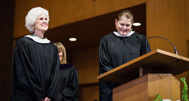 Photo of Elizabeth Hall McDonnell receiving honorary degree