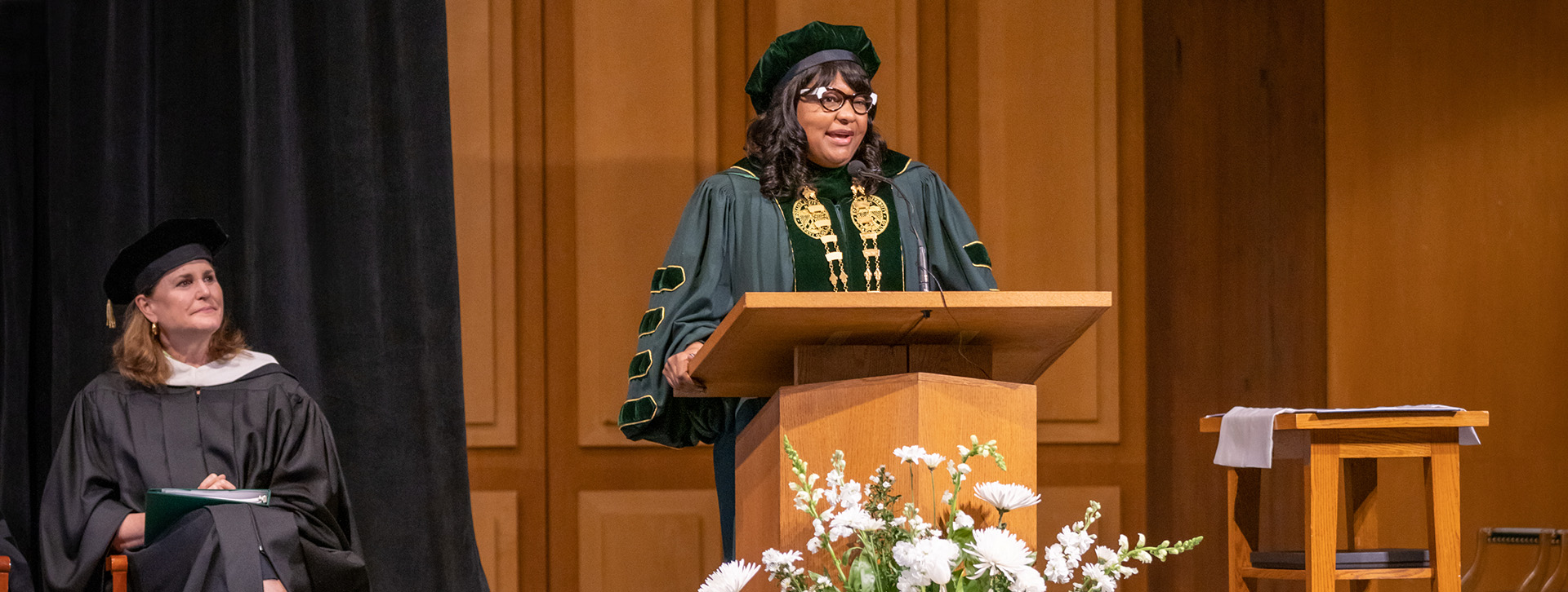 Mary Dana Hinton speaking at her Hollins University inauguration