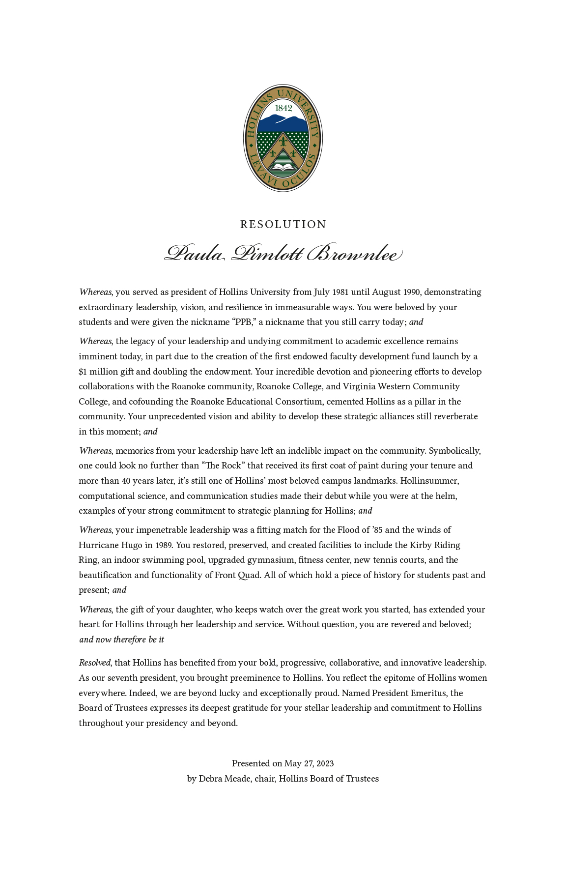 Paula Brownlee President Emeritus Resolution