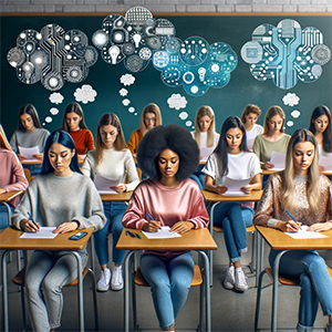 AI image of a diverse classroom scene with young women of various ethnicities, representing college students, focused on taking a test.