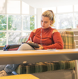 Hollins student in library