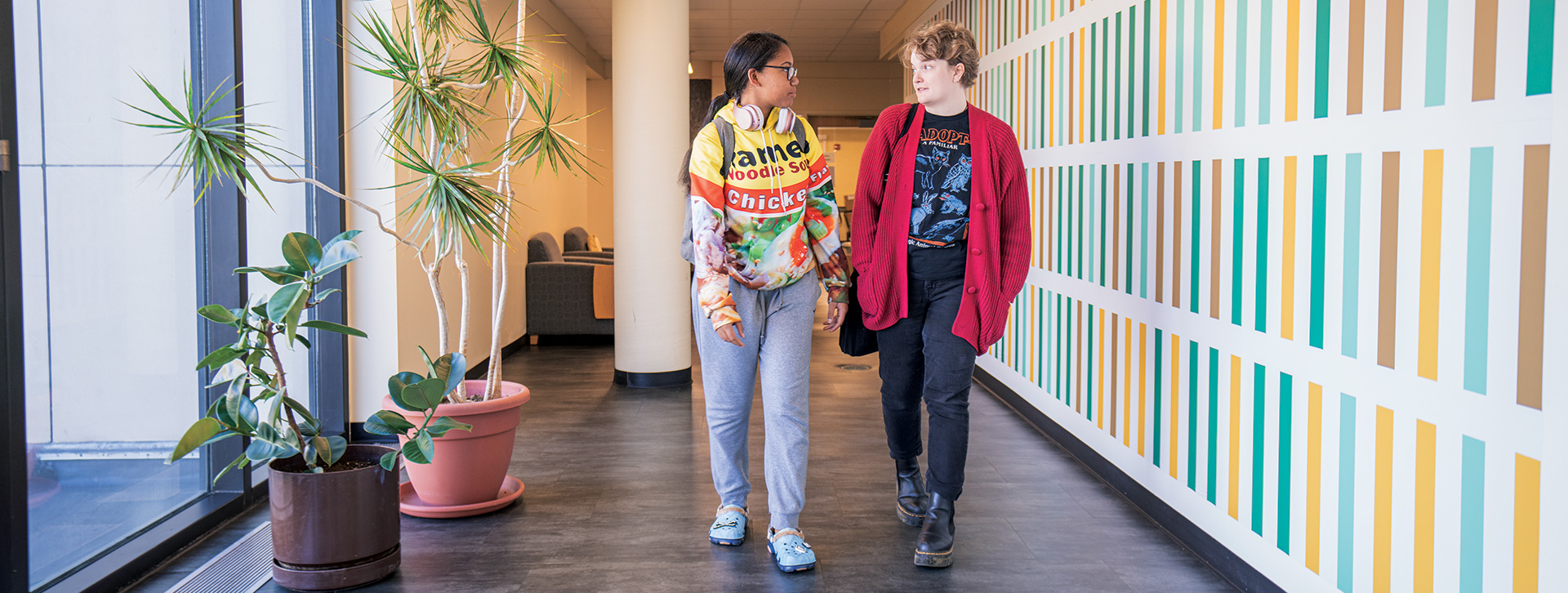 Two Hollins students walking in Dana Science Building