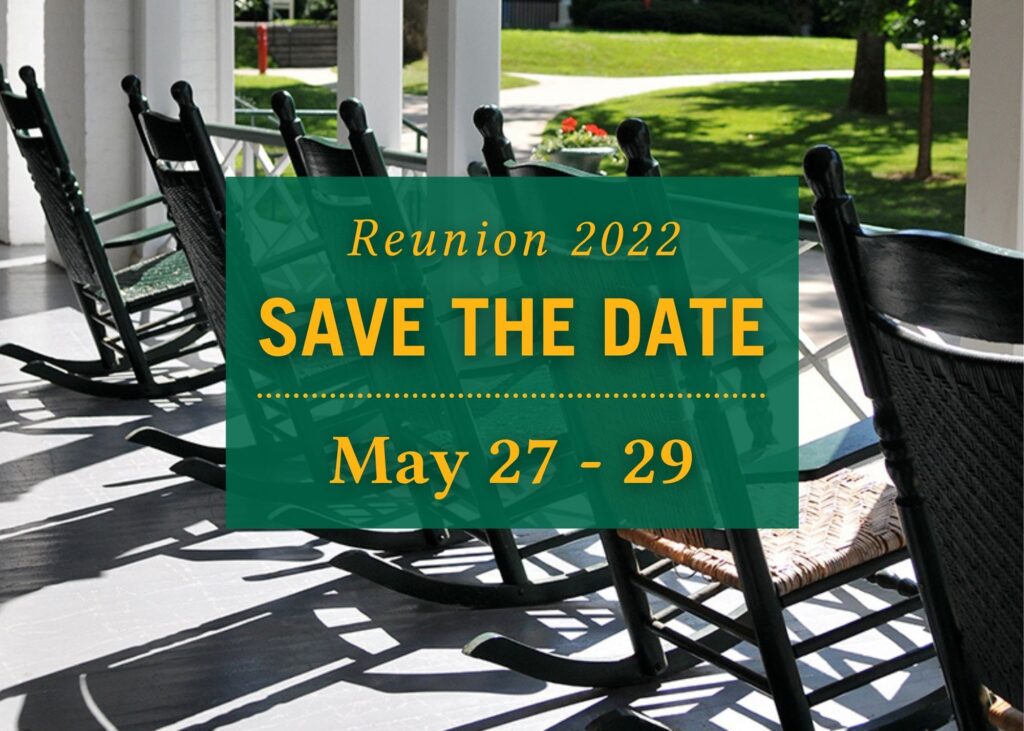 rocking chairs on main with text reading reunion 2022 save the date may 27-29